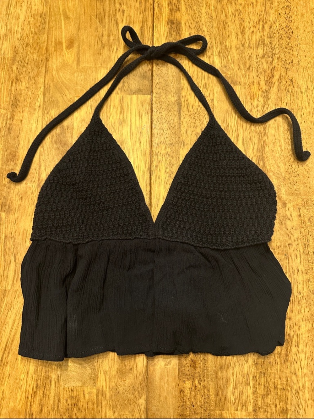 Garage Black Crochet Halter Top with Flowy Band